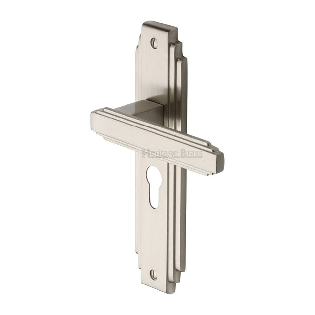 This is an image of a Heritage Brass - Door Handle Euro Profile Astoria Design Satin Nickel Finish, ast5948-sn that is available to order from T.H Wiggans Ironmongery in Kendal.
