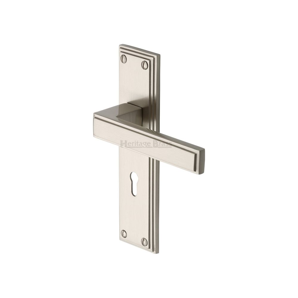 This is an image of a Heritage Brass - Door Handle Lever Lock Atlantis Design Satin Nickel Finish, atl5700-sn that is available to order from T.H Wiggans Ironmongery in Kendal.
