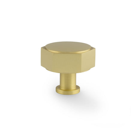 This is an image showing Alexander & Wilks - Vesper Hex Cabinet Knob - Satin Brass aw828-40-sb available to order from T.H. Wiggans Ironmongery in Kendal, quick delivery and discounted prices.