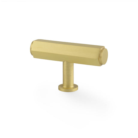 This is an image showing Alexander & Wilks - Vesper Hex T - Bar Cabinet Knob - Satin Brass aw829-55-sb available to order from T.H. Wiggans Ironmongery in Kendal, quick delivery and discounted prices.