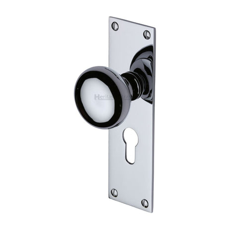 This is an image of a Heritage Brass - Mortice Knob on Euro Profile Plate Balmoral Design Polished Chrome, bal8548-pc that is available to order from T.H Wiggans Ironmongery in Kendal.