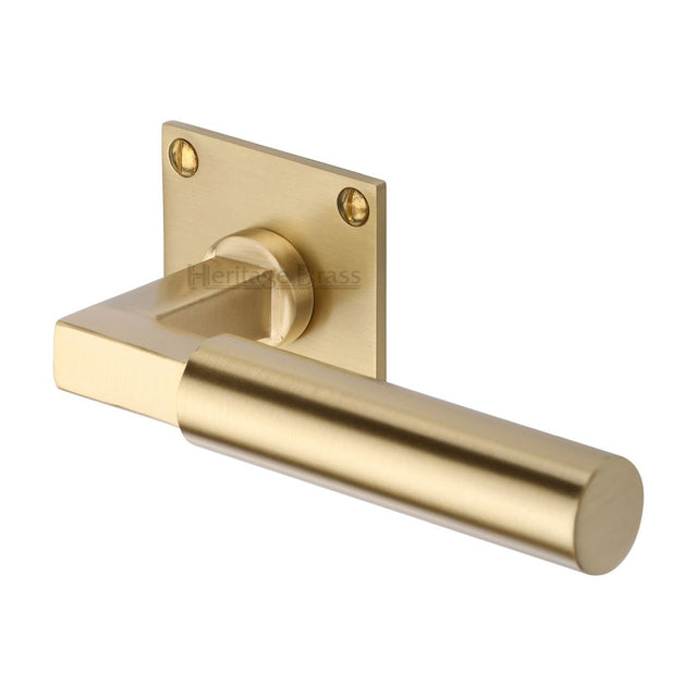 This is an image of a Heritage Brass - Door Handle Lever Latch on Square Rose Bauhaus Design Satin Bras, bau1926-sb that is available to order from T.H Wiggans Ironmongery in Kendal.