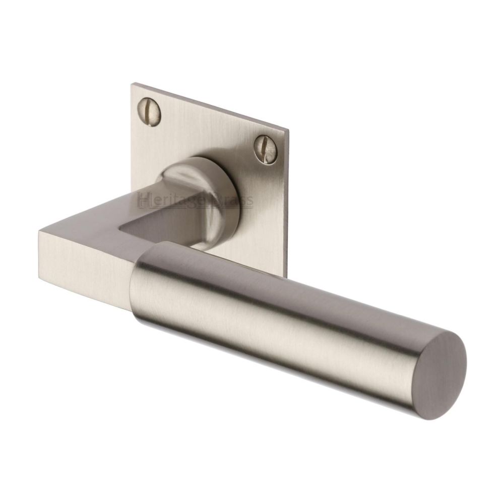This is an image of a Heritage Brass - Door Handle Lever Latch on Square Rose Bauhaus Design Satin Nick, bau1926-sn that is available to order from T.H Wiggans Ironmongery in Kendal.