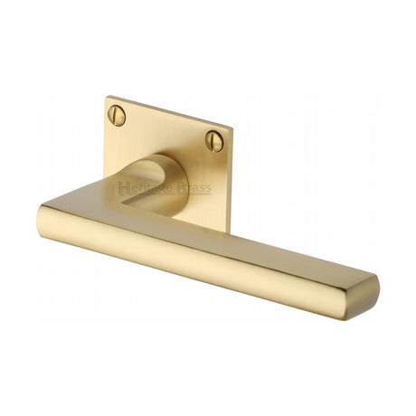 This is an image of a Heritage Brass - Door Handle Lever Latch on Square Rose Trident Design Satin Brass finish, bau2910-sb that is available to order from T.H Wiggans Ironmongery in Kendal.