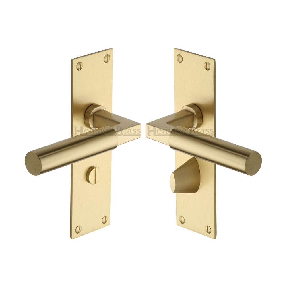 This is an image of a Heritage Brass - Door Handle for Bathroom Bauhaus Design Satin Brass Finish, bau7330-sb that is available to order from T.H Wiggans Ironmongery in Kendal.