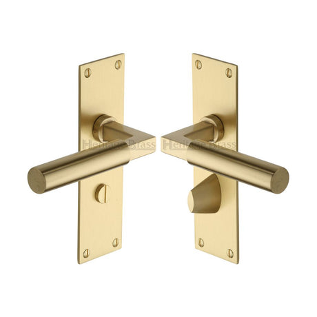 This is an image of a Heritage Brass - Door Handle for Bathroom Bauhaus Design Satin Brass Finish, bau7330-sb that is available to order from T.H Wiggans Ironmongery in Kendal.