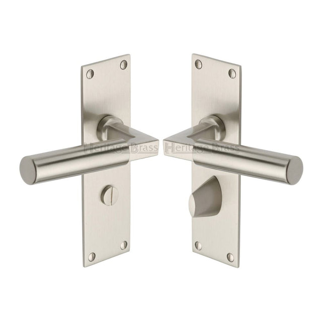 This is an image of a Heritage Brass - Door Handle for Bathroom Bauhaus Design Satin Nickel Finish, bau7330-sn that is available to order from T.H Wiggans Ironmongery in Kendal.