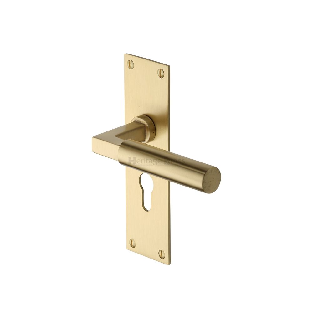 This is an image of a Heritage Brass - Door Handle for Euro Profile Plate Bauhaus Design Satin Brass Fi, bau7348-sb that is available to order from T.H Wiggans Ironmongery in Kendal.