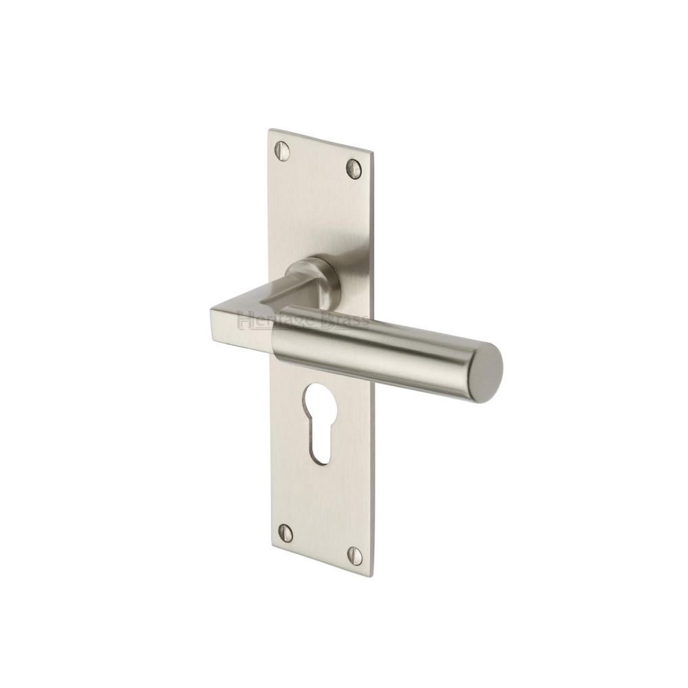 This is an image of a Heritage Brass - Door Handle for Euro Profile Plate Bauhaus Design Satin Nickel F, bau7348-sn that is available to order from T.H Wiggans Ironmongery in Kendal.