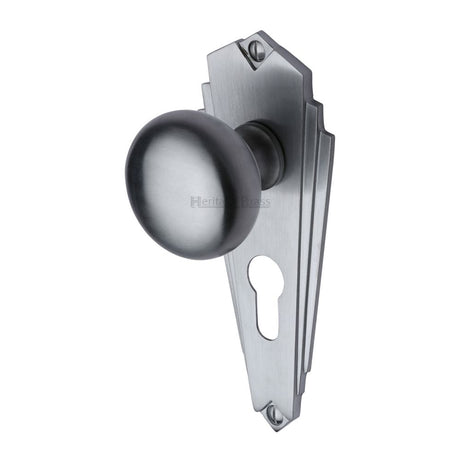 This is an image of a Heritage Brass - Mortice Knob on Euro Profile Plate Broadway Design Satin Chrome, br1848-sc that is available to order from T.H Wiggans Ironmongery in Kendal.