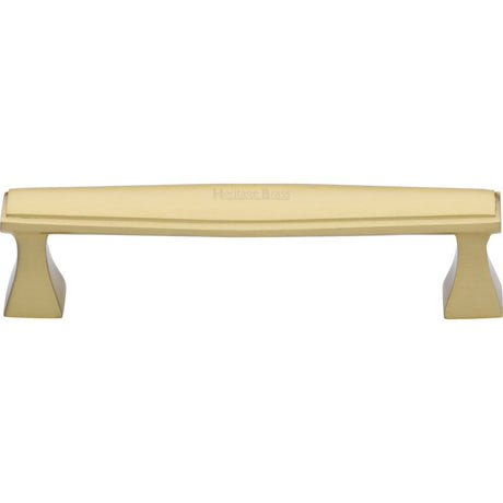 This is an image of a Heritage Brass - Cabinet Pull Deco Design 128mm CTC Satin Brass Finish, c0334-128-sb that is available to order from T.H Wiggans Ironmongery in Kendal.