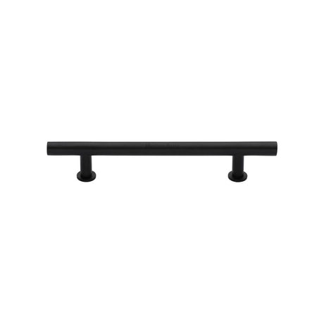 This is an image of a Heritage Brass - Cabinet Pull T-Bar Design with 16mm Rose 128mm CTC Matt Black F, c0362-128-bkmt that is available to order from T.H Wiggans Ironmongery in Kendal.