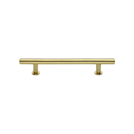 This is an image of a Heritage Brass - Cabinet Pull T-Bar Design with 16mm Rose 128mm CTC Polished Brass F, c0362-128-pb that is available to order from T.H Wiggans Ironmongery in Kendal.