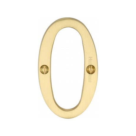 This is an image of a Heritage Brass - Numeral 0 Face Fix 76mm (3") Satin Brass Finish, c1560-0-sb that is available to order from T.H Wiggans Ironmongery in Kendal.
