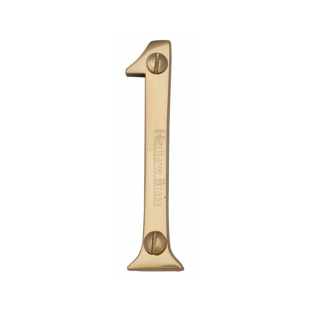 This is an image of a Heritage Brass - Numeral 1 Face Fix 76mm (3") Polished Brass Finish, c1560-1-pb that is available to order from T.H Wiggans Ironmongery in Kendal.