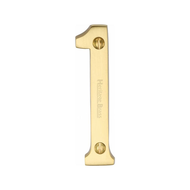 This is an image of a Heritage Brass - Numeral 1 Face Fix 76mm (3") Satin Brass Finish, c1560-1-sb that is available to order from T.H Wiggans Ironmongery in Kendal.