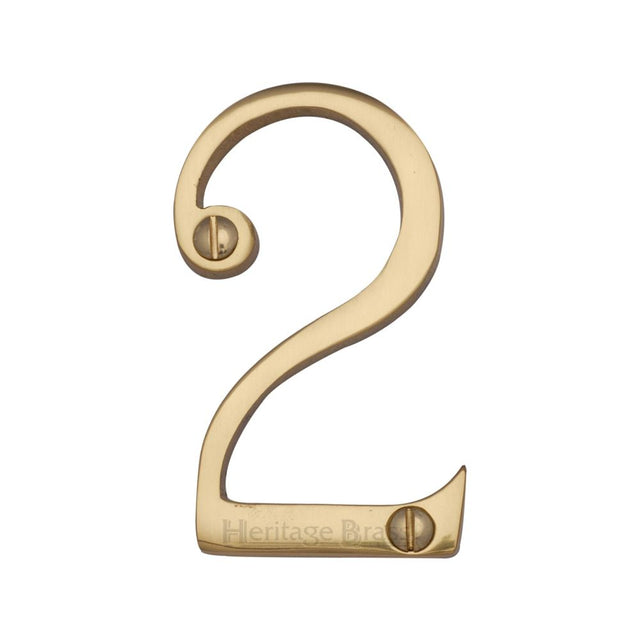 This is an image of a Heritage Brass - Numeral 2 Face Fix 76mm (3") Polished Brass Finish, c1560-2-pb that is available to order from T.H Wiggans Ironmongery in Kendal.