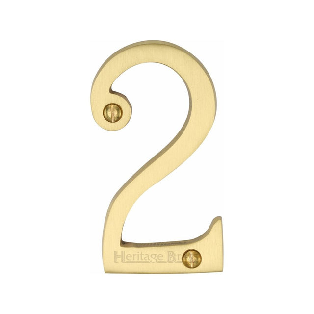 This is an image of a Heritage Brass - Numeral 2 Face Fix 76mm (3") Satin Brass Finish, c1560-2-sb that is available to order from T.H Wiggans Ironmongery in Kendal.