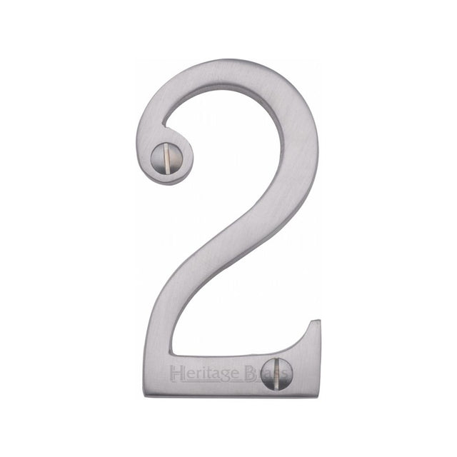 This is an image of a Heritage Brass - Numeral 2 Face Fix 76mm (3") Satin Chrome Finish, c1560-2-sc that is available to order from T.H Wiggans Ironmongery in Kendal.