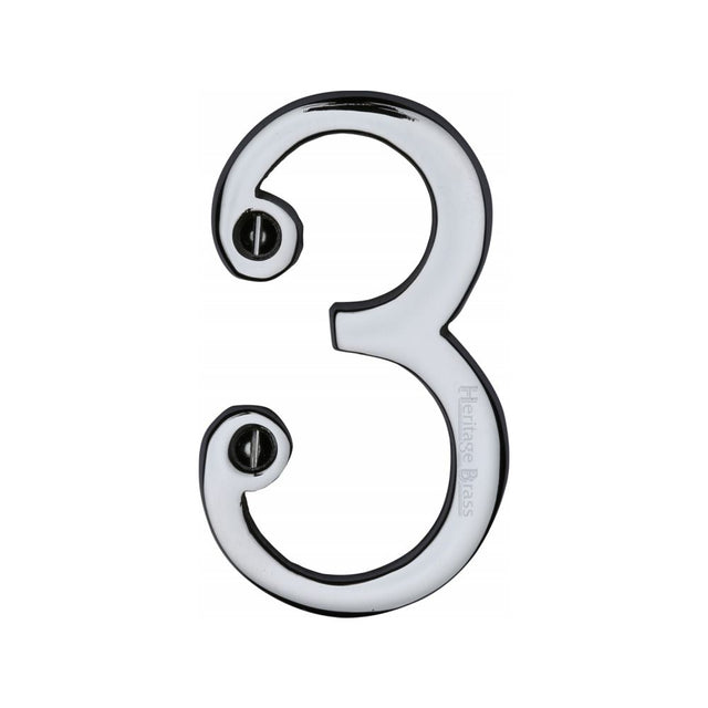 This is an image of a Heritage Brass - Numeral 3 Face Fix 76mm (3") Polished Chrome Finish, c1560-3-pc that is available to order from T.H Wiggans Ironmongery in Kendal.