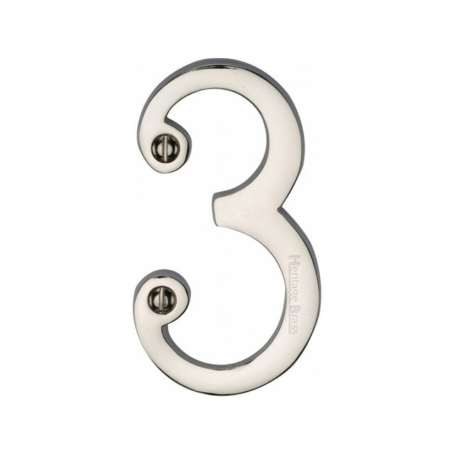 This is an image of a Heritage Brass - Numeral 3 Face Fix 76mm (3") Polished Nickel Finish, c1560-3-pnf that is available to order from T.H Wiggans Ironmongery in Kendal.