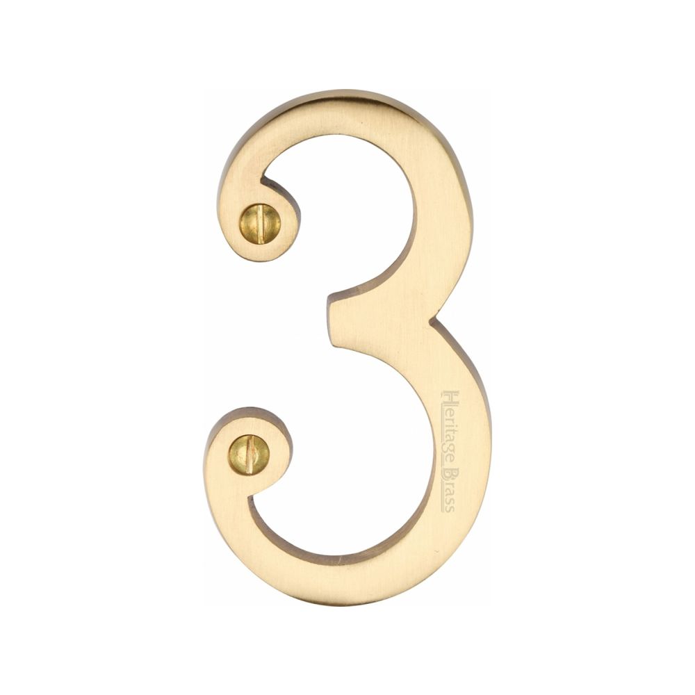 This is an image of a Heritage Brass - Numeral 3 Face Fix 76mm (3") Satin Brass Finish, c1560-3-sb that is available to order from T.H Wiggans Ironmongery in Kendal.