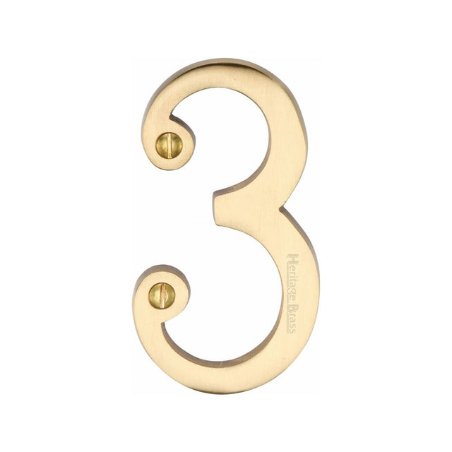 This is an image of a Heritage Brass - Numeral 3 Face Fix 76mm (3") Satin Brass Finish, c1560-3-sb that is available to order from T.H Wiggans Ironmongery in Kendal.