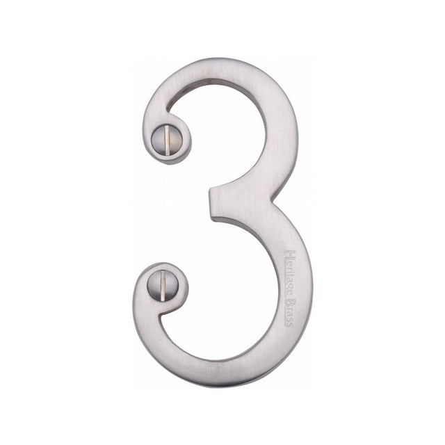This is an image of a Heritage Brass - Numeral 3 Face Fix 76mm (3") Satin Chrome Finish, c1560-3-sc that is available to order from T.H Wiggans Ironmongery in Kendal.