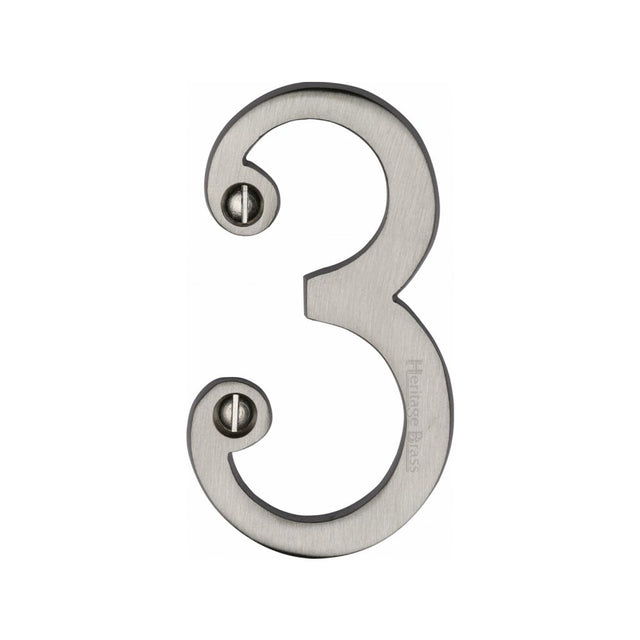 This is an image of a Heritage Brass - Numeral 3 Face Fix 76mm (3") Satin Nickel Finish, c1560-3-sn that is available to order from T.H Wiggans Ironmongery in Kendal.