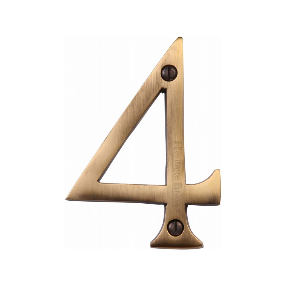 This is an image of a Heritage Brass - Numeral 4 Face Fix 76mm (3") Antique Brass Finish, c1560-4-at that is available to order from T.H Wiggans Ironmongery in Kendal.