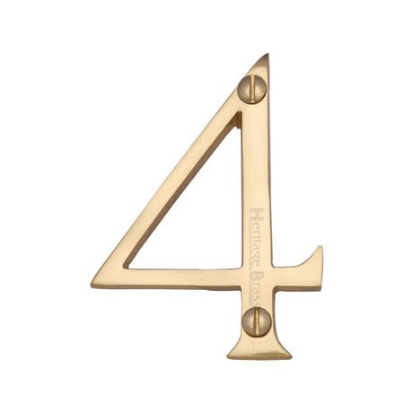 This is an image of a Heritage Brass - Numeral 4 Face Fix 76mm (3") Polished Brass Finish, c1560-4-pb that is available to order from T.H Wiggans Ironmongery in Kendal.
