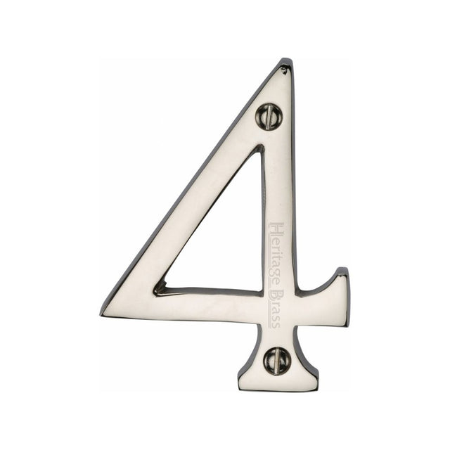 This is an image of a Heritage Brass - Numeral 4 Face Fix 76mm (3") Polished Nickel Finish, c1560-4-pnf that is available to order from T.H Wiggans Ironmongery in Kendal.