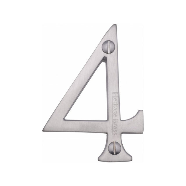 This is an image of a Heritage Brass - Numeral 4 Face Fix 76mm (3") Satin Chrome Finish, c1560-4-sc that is available to order from T.H Wiggans Ironmongery in Kendal.