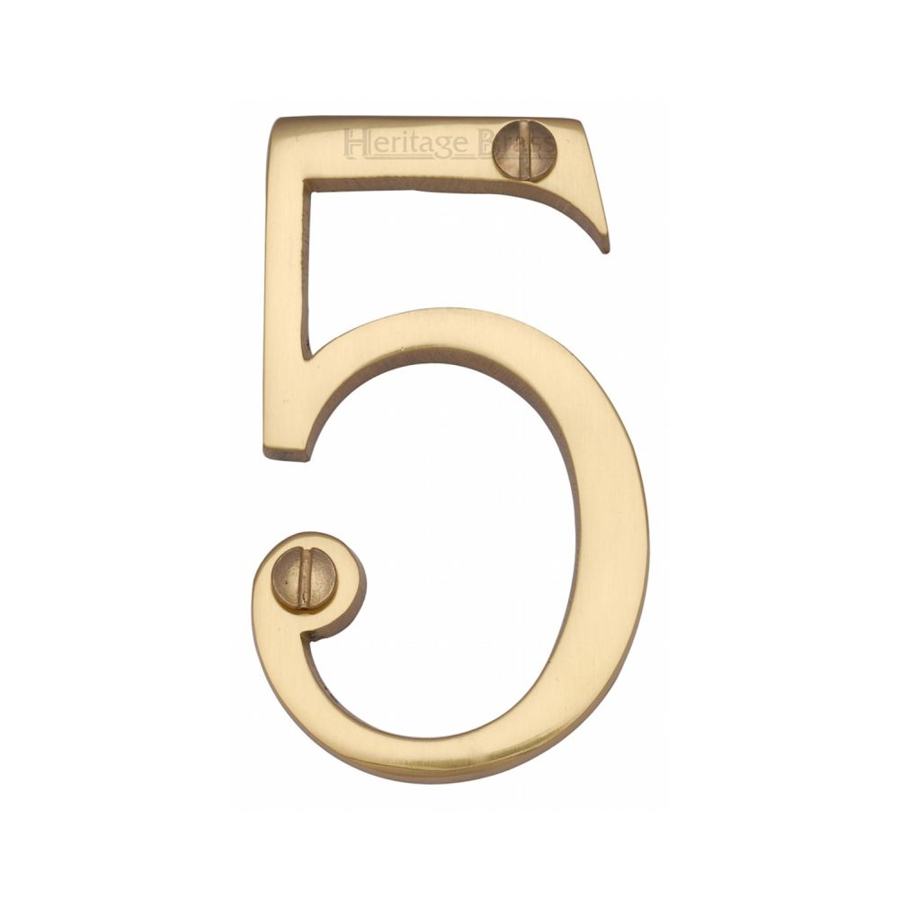 This is an image of a Heritage Brass - Numeral 5 Face Fix 76mm (3") Polished Brass Finish, c1560-5-pb that is available to order from T.H Wiggans Ironmongery in Kendal.
