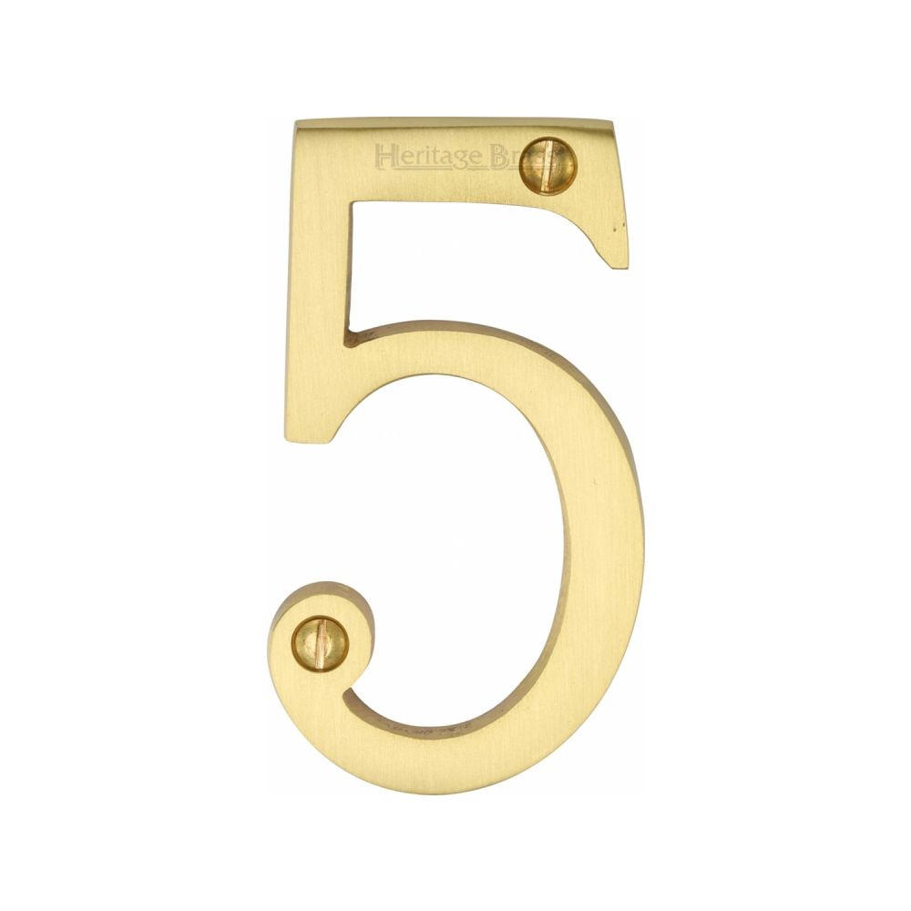 This is an image of a Heritage Brass - Numeral 5 Face Fix 76mm (3") Satin Brass Finish, c1560-5-sb that is available to order from T.H Wiggans Ironmongery in Kendal.
