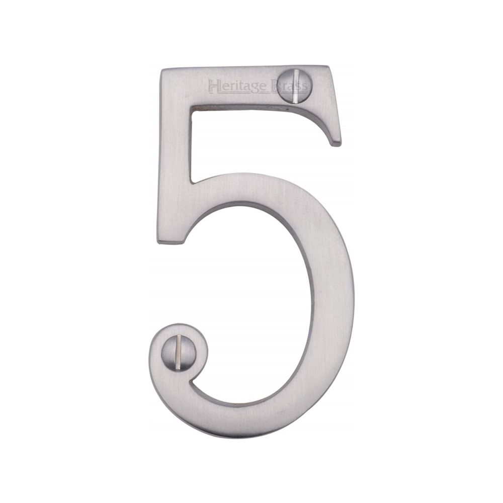 This is an image of a Heritage Brass - Numeral 5 Face Fix 76mm (3") Satin Chrome Finish, c1560-5-sc that is available to order from T.H Wiggans Ironmongery in Kendal.