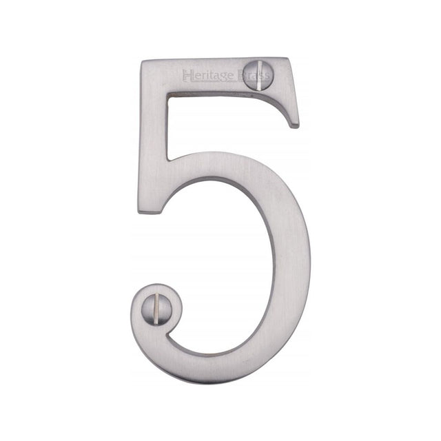 This is an image of a Heritage Brass - Numeral 5 Face Fix 76mm (3") Satin Chrome Finish, c1560-5-sc that is available to order from T.H Wiggans Ironmongery in Kendal.