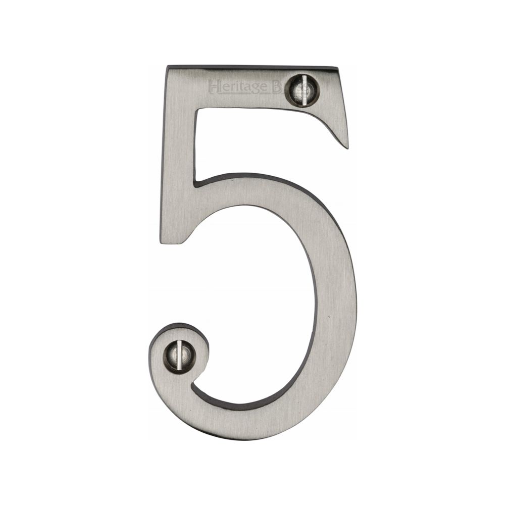 This is an image of a Heritage Brass - Numeral 5 Face Fix 76mm (3") Satin Nickel Finish, c1560-5-sn that is available to order from T.H Wiggans Ironmongery in Kendal.