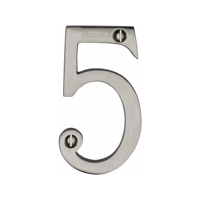 This is an image of a Heritage Brass - Numeral 5 Face Fix 76mm (3") Satin Nickel Finish, c1560-5-sn that is available to order from T.H Wiggans Ironmongery in Kendal.