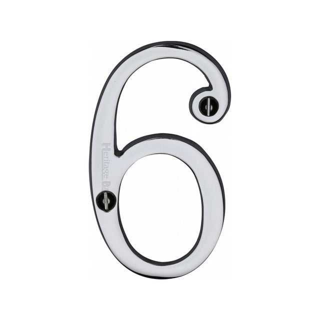 This is an image of a Heritage Brass - Numeral 6 Face Fix 76mm (3") Polished Chrome Finish, c1560-6-pc that is available to order from T.H Wiggans Ironmongery in Kendal.