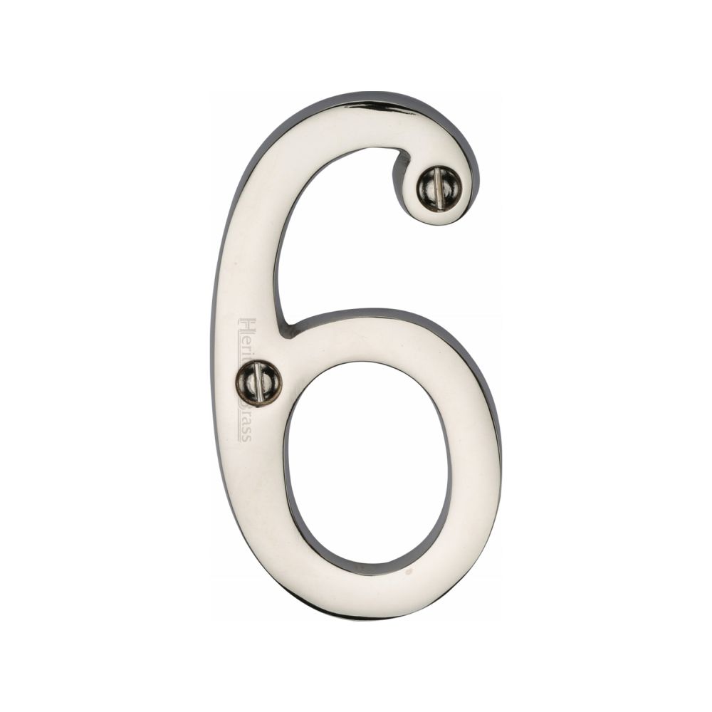 This is an image of a Heritage Brass - Numeral 6 Face Fix 76mm (3") Polished Nickel Finish, c1560-6-pnf that is available to order from T.H Wiggans Ironmongery in Kendal.