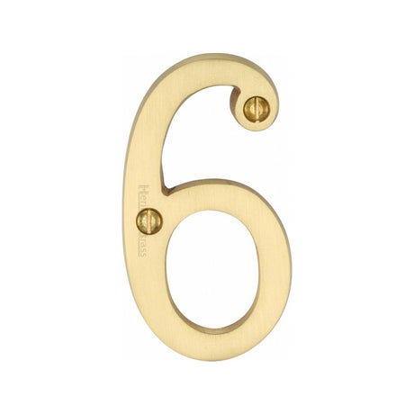 This is an image of a Heritage Brass - Numeral 6 Face Fix 76mm (3") Satin Brass Finish, c1560-6-sb that is available to order from T.H Wiggans Ironmongery in Kendal.