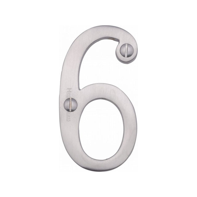 This is an image of a Heritage Brass - Numeral 6 Face Fix 76mm (3") Satin Chrome Finish, c1560-6-sc that is available to order from T.H Wiggans Ironmongery in Kendal.