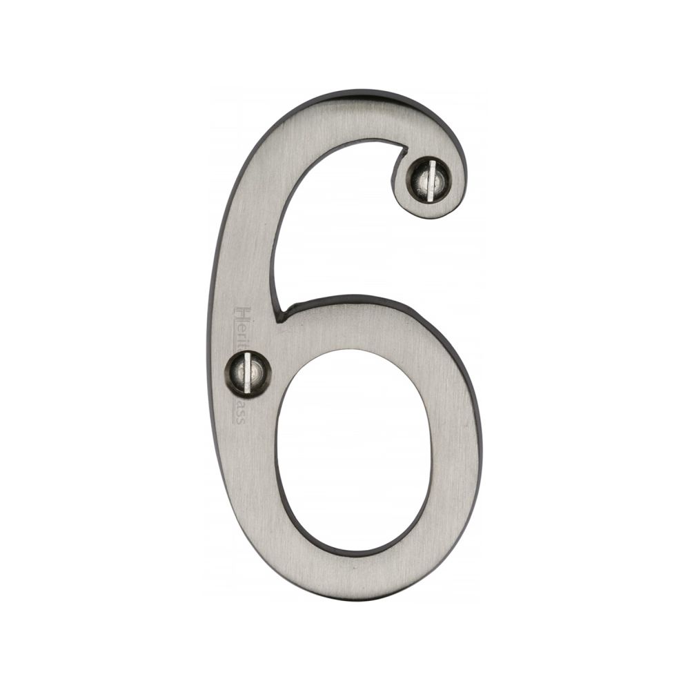 This is an image of a Heritage Brass - Numeral 6 Face Fix 76mm (3") Satin Nickel Finish, c1560-6-sn that is available to order from T.H Wiggans Ironmongery in Kendal.