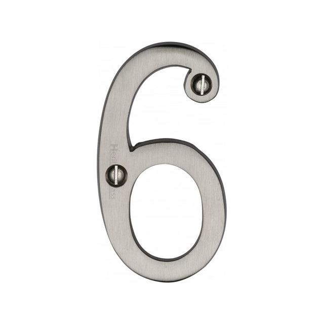 This is an image of a Heritage Brass - Numeral 6 Face Fix 76mm (3") Satin Nickel Finish, c1560-6-sn that is available to order from T.H Wiggans Ironmongery in Kendal.