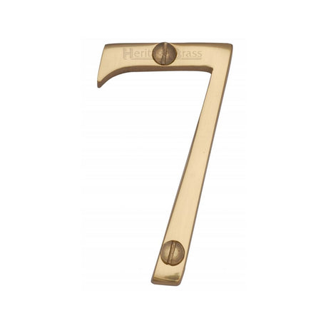 This is an image of a Heritage Brass - Numeral 7 Face Fix 76mm (3") Polished Brass Finish, c1560-7-pb that is available to order from T.H Wiggans Ironmongery in Kendal.