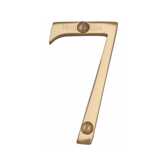This is an image of a Heritage Brass - Numeral 7 Face Fix 76mm (3") Polished Brass Finish, c1560-7-pb that is available to order from T.H Wiggans Ironmongery in Kendal.