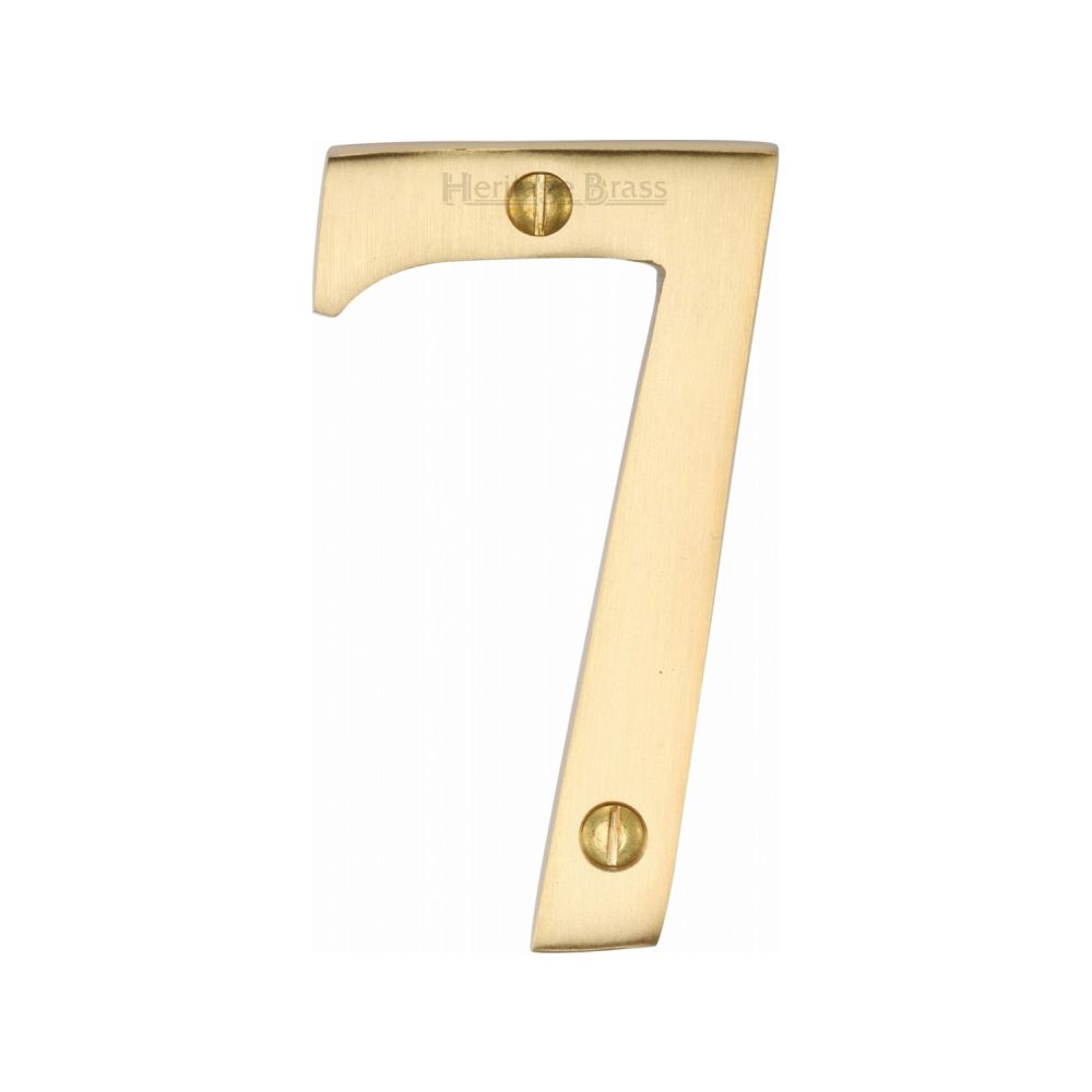 This is an image of a Heritage Brass - Numeral 7 Face Fix 76mm (3") Satin Brass Finish, c1560-7-sb that is available to order from T.H Wiggans Ironmongery in Kendal.