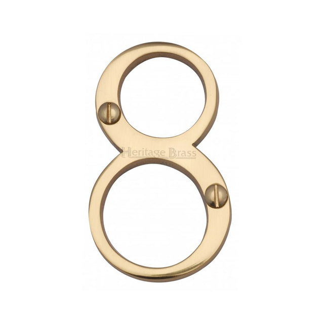 This is an image of a Heritage Brass - Numeral 8 Face Fix 76mm (3") Polished Brass Finish, c1560-8-pb that is available to order from T.H Wiggans Ironmongery in Kendal.