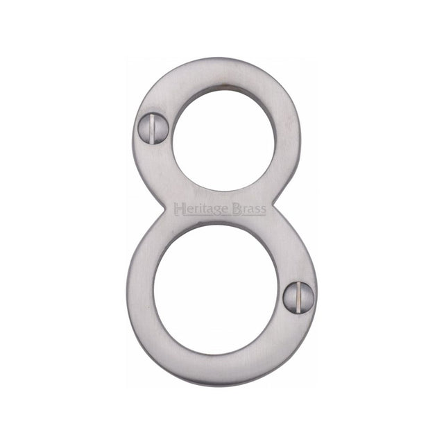 This is an image of a Heritage Brass - Numeral 8 Face Fix 76mm (3") Satin Chrome Finish, c1560-8-sc that is available to order from T.H Wiggans Ironmongery in Kendal.